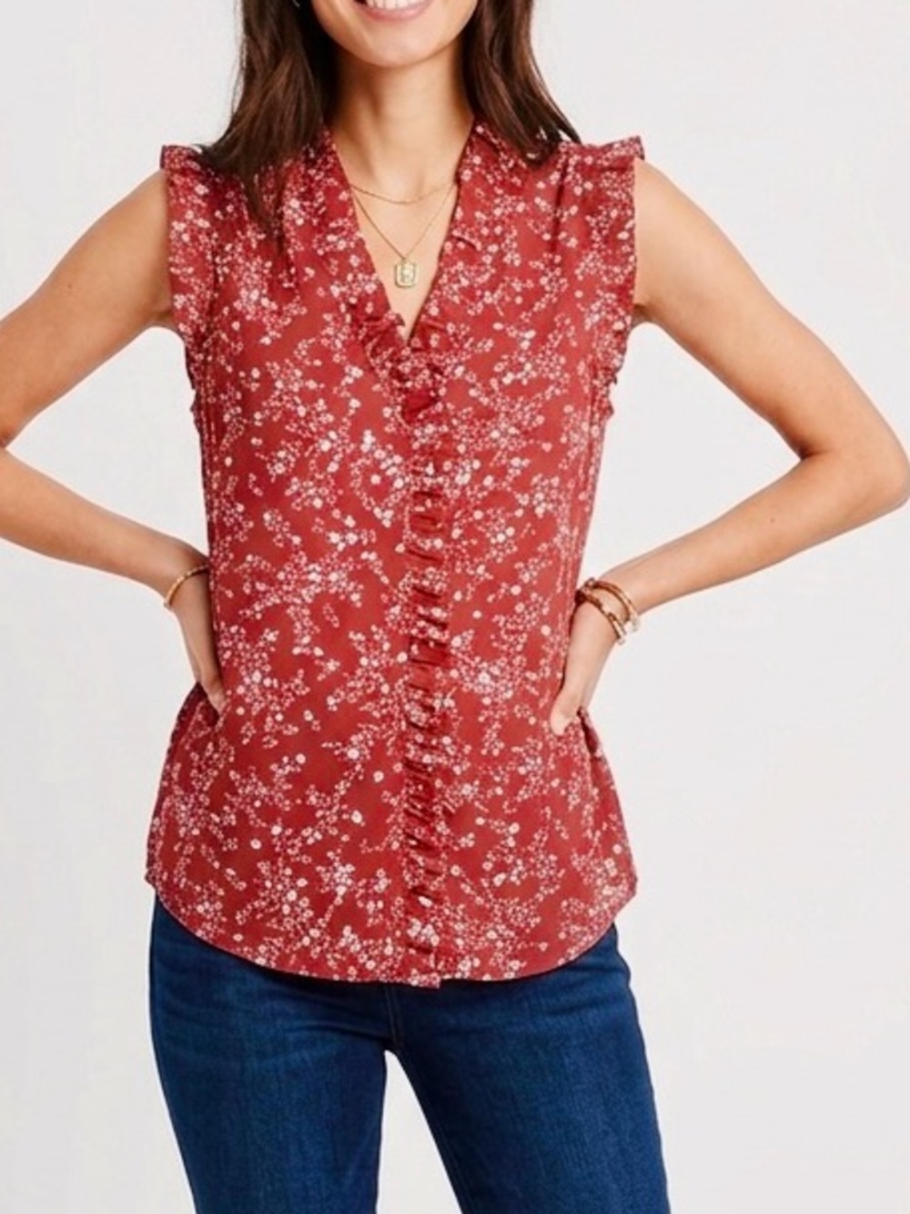 ANN TAYLOR Sleeveless Burgundy Floral Ruffle Blouse